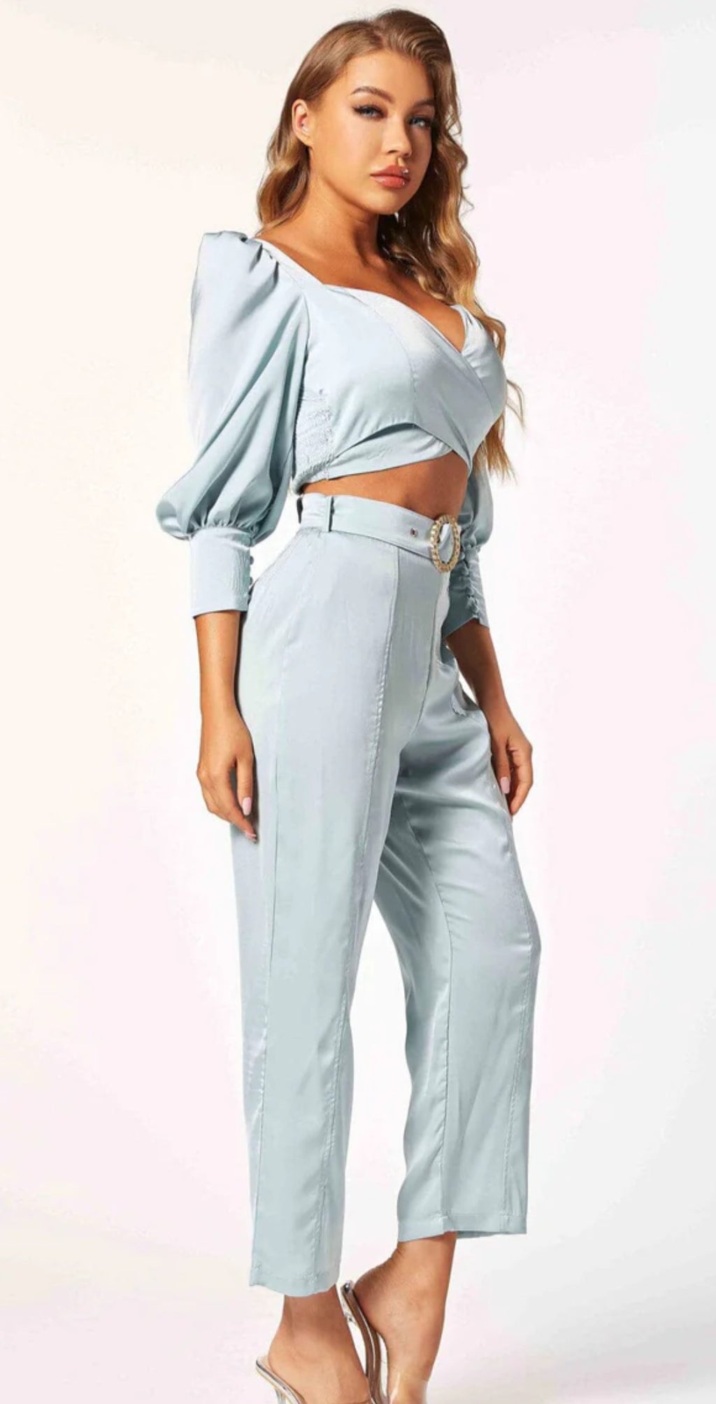 3/4 Sleeve Crop Top & Belted Pants Set