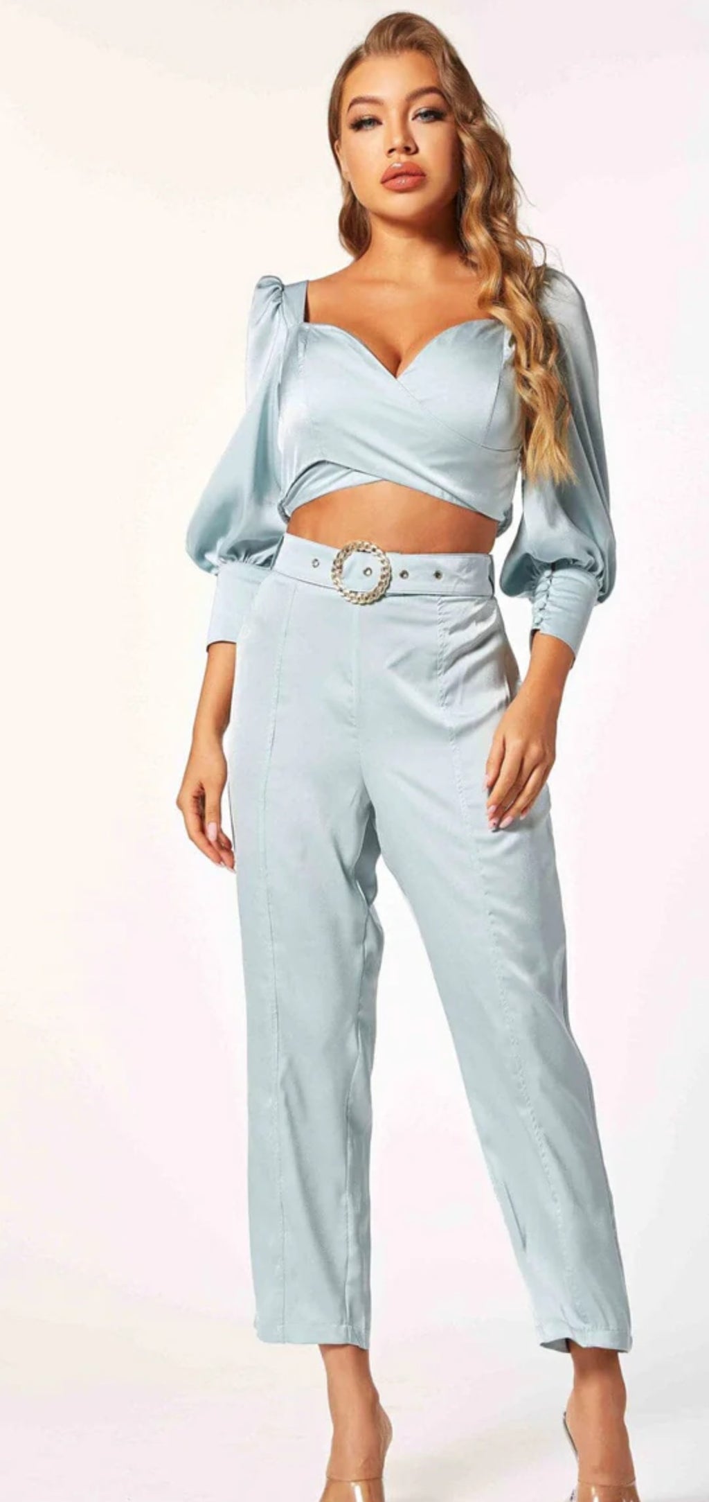 3/4 Sleeve Crop Top & Belted Pants Set