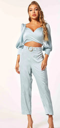 3/4 Sleeve Crop Top & Belted Pants Set