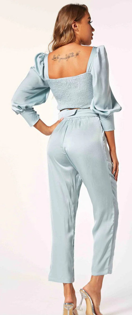 3/4 Sleeve Crop Top & Belted Pants Set